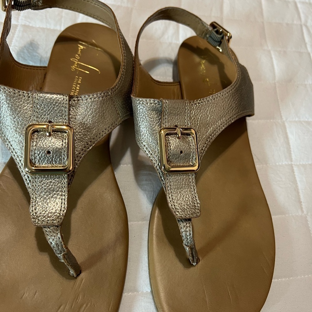 Metallic Champagne T-Strap Sandals with Adjustable Buckle